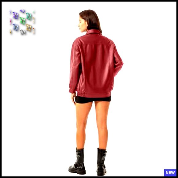 Oversized Faux Leather Bomber Jacket Y2K Chic Boyfriend Style Zip Up Moto - Picture 6 of 7